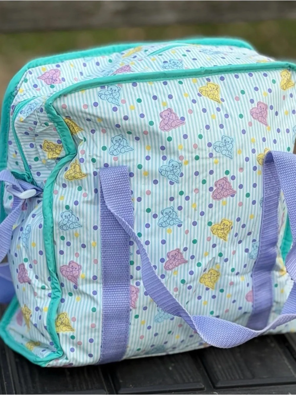 Vintage 90s mint and lavender pastel teddy bear all over print vinyl diaper bag